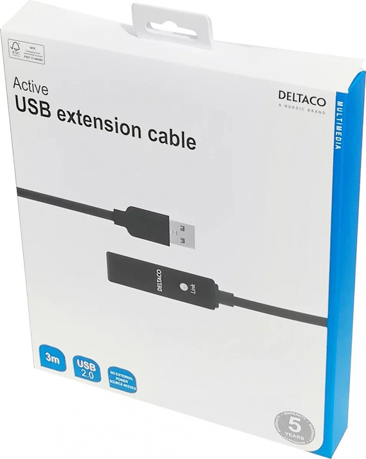 DELTACO PRIME USB 2.0 jatkokaapeli, aktiivinen, Tyyppi A ur - A na, 3m DELTACO PRIME USB 2.0 jatkokaapeli, aktiivinen, Tyyppi A ur - A na, 3m