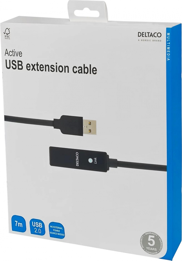 DELTACO PRIME USB 2.0 jatkokaapeli, aktiivinen, 7m, musta