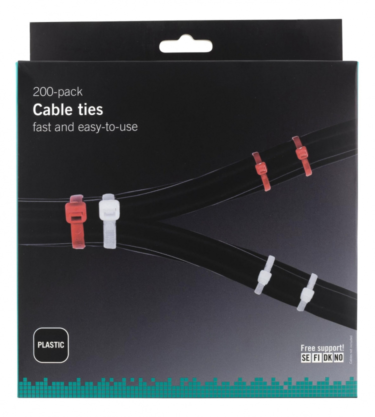 DELTACO nippuside, 100mm & 200mm, 200-pakkaus, punainen/valkoinen