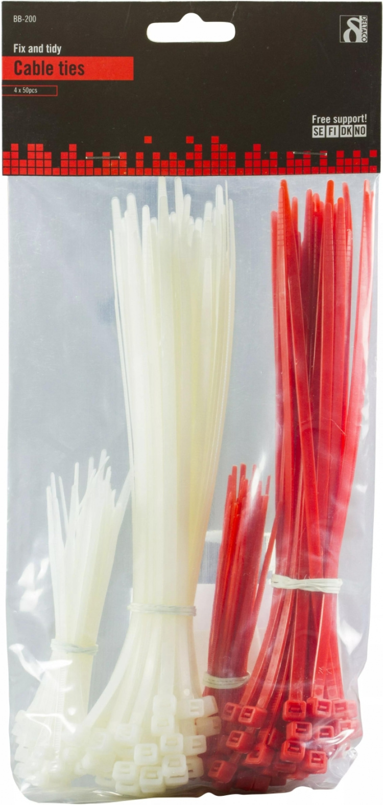 DELTACO nippuside, 100mm & 200mm, 200-pakkaus, punainen/valkoinen