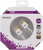 DELTACO ohut HDMI-kaapeli, HDMI High Speed with Ethernet, 2m, valk. DELTACO ohut HDMI-kaapeli, HDMI High Speed with Ethernet, 2m, valk.
