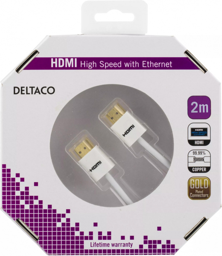 DELTACO ohut HDMI-kaapeli, HDMI High Speed with Ethernet, 2m, valk. DELTACO ohut HDMI-kaapeli, HDMI High Speed with Ethernet, 2m, valk.