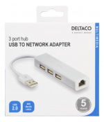 DELTACO USB-hubi ja -verkkosovitin, 100Mbps, 3xUSB, valkoinen