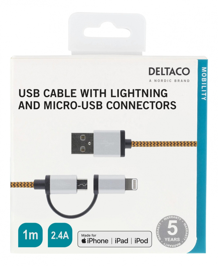 DELTACO USB-kaapeli, USB Micro B ur ja Lightning ur, MFi, 1m, oranssi