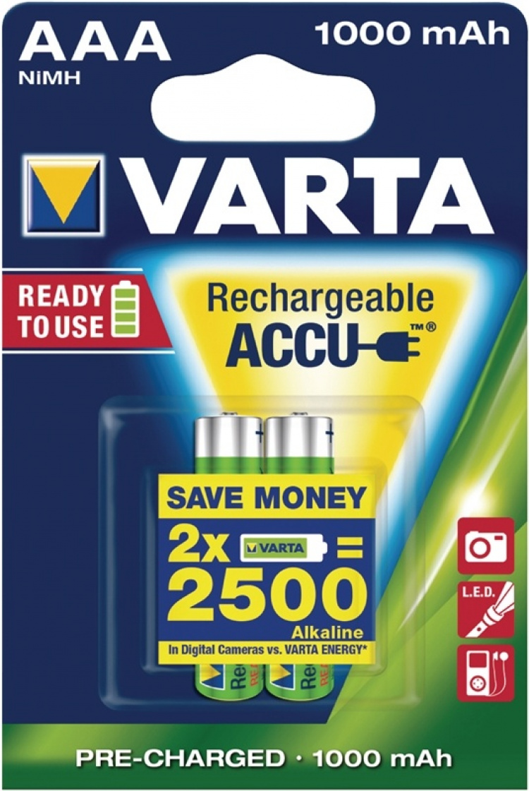 Varta Ladattava Ni-MH-Akku AAA | 1.2 V DC | 1000 mAh | Esiladattu | 2-Blister-kortti Varta Ladattava Ni-MH-Akku AAA | 1.2 V DC | 1000 mAh | Esiladattu | 2-Blister-kortti