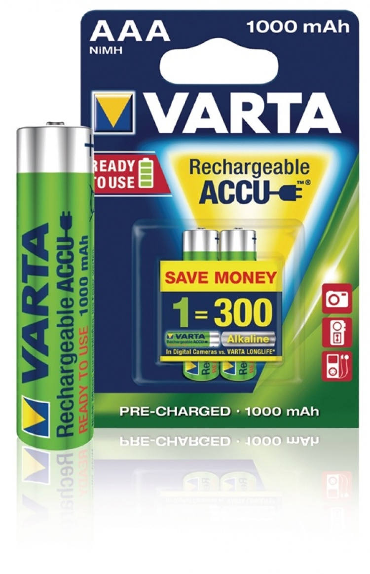 Varta Ladattava Ni-MH-Akku AAA | 1.2 V DC | 1000 mAh | Esiladattu | 2-Blister-kortti Varta Ladattava Ni-MH-Akku AAA | 1.2 V DC | 1000 mAh | Esiladattu | 2-Blister-kortti