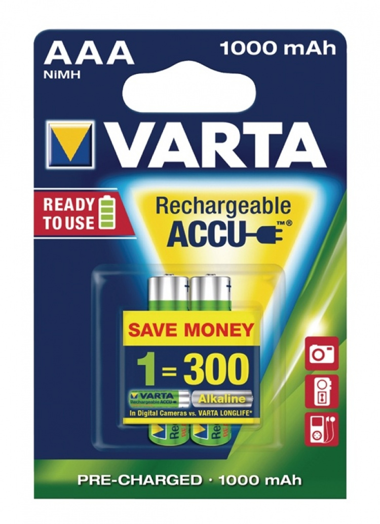 Varta Ladattava Ni-MH-Akku AAA | 1.2 V DC | 1000 mAh | Esiladattu | 2-Blister-kortti Varta Ladattava Ni-MH-Akku AAA | 1.2 V DC | 1000 mAh | Esiladattu | 2-Blister-kortti