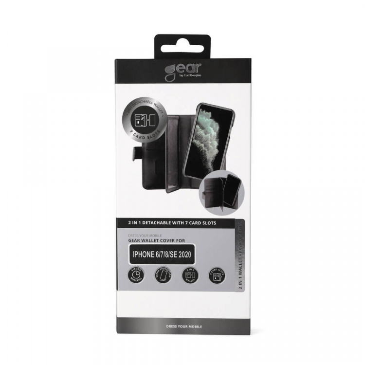 Gear Lompakko 2in1 7 Korttipaikkaa Musta - iPhone 6/7/8/SE