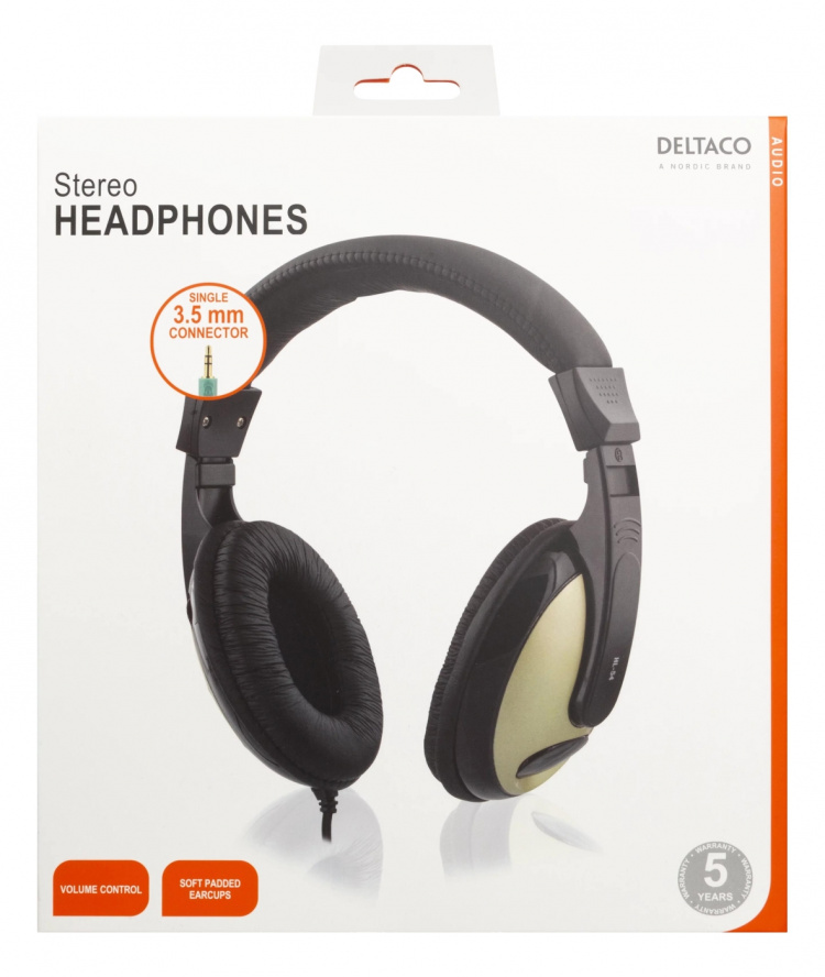 DELTACO suljetut kuulokkeet, äänensäätö, 2,5m kaapeli, musta/kulta