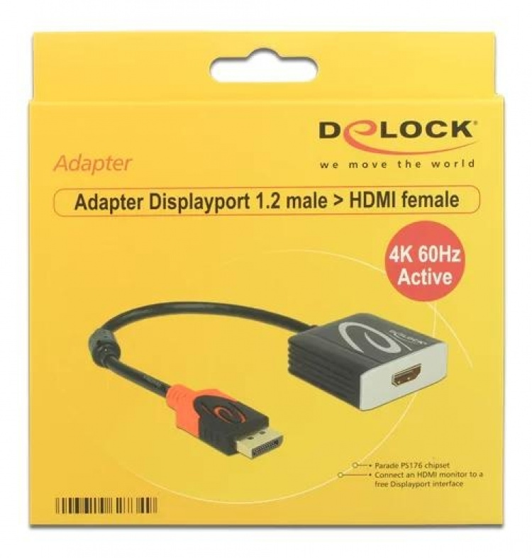 DeLOCK DisplayPort - HDMI-sovitin, aktiivinen, 4K 60 Hz, 0,2 m, musta