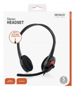 DELTACO stereoheadset, 32 Ohm, 1x3,5mm, 4-pin, 1,8m musta/punainen