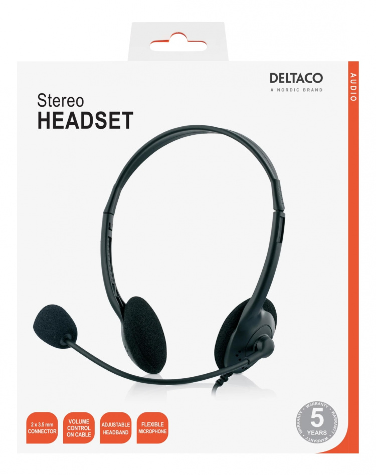 DELTACO headset, mikrofoni, äänen voimakkuuden säätö, 2m kaapeli