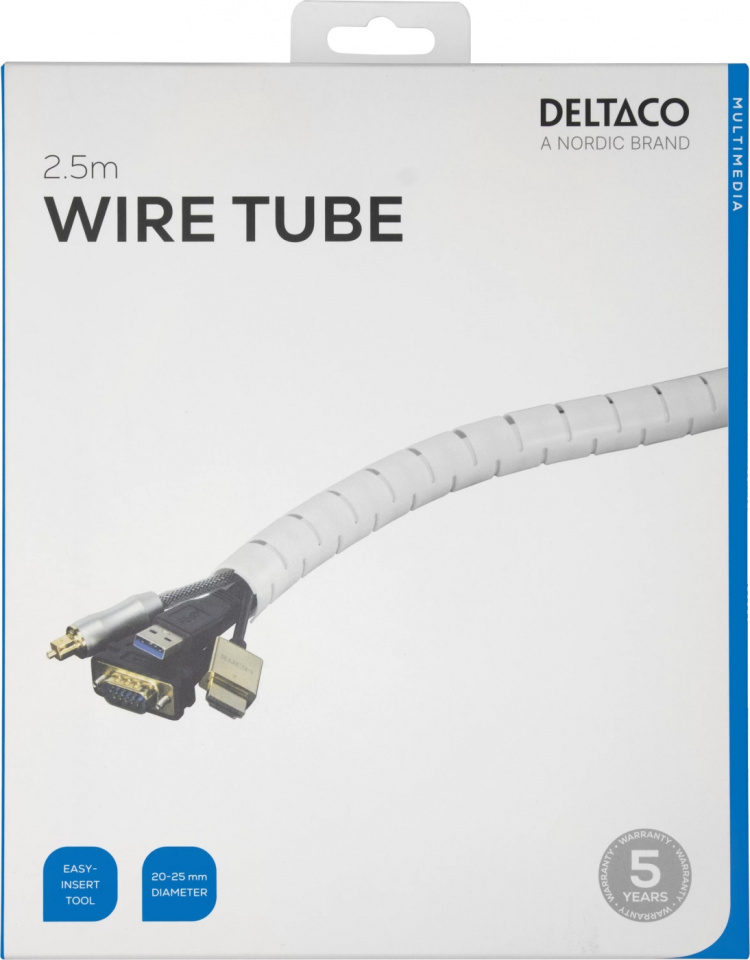 DELTACO Kaapelipiilo nylonista, 25mm halk., 2,5m, valkoinen