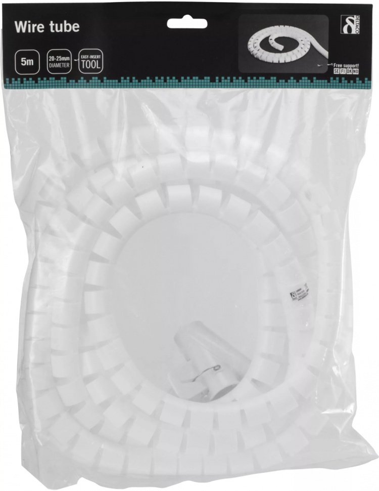 DELTACO Kaapelipiilo nylonista, 25mm halk., 5m, valkoinen