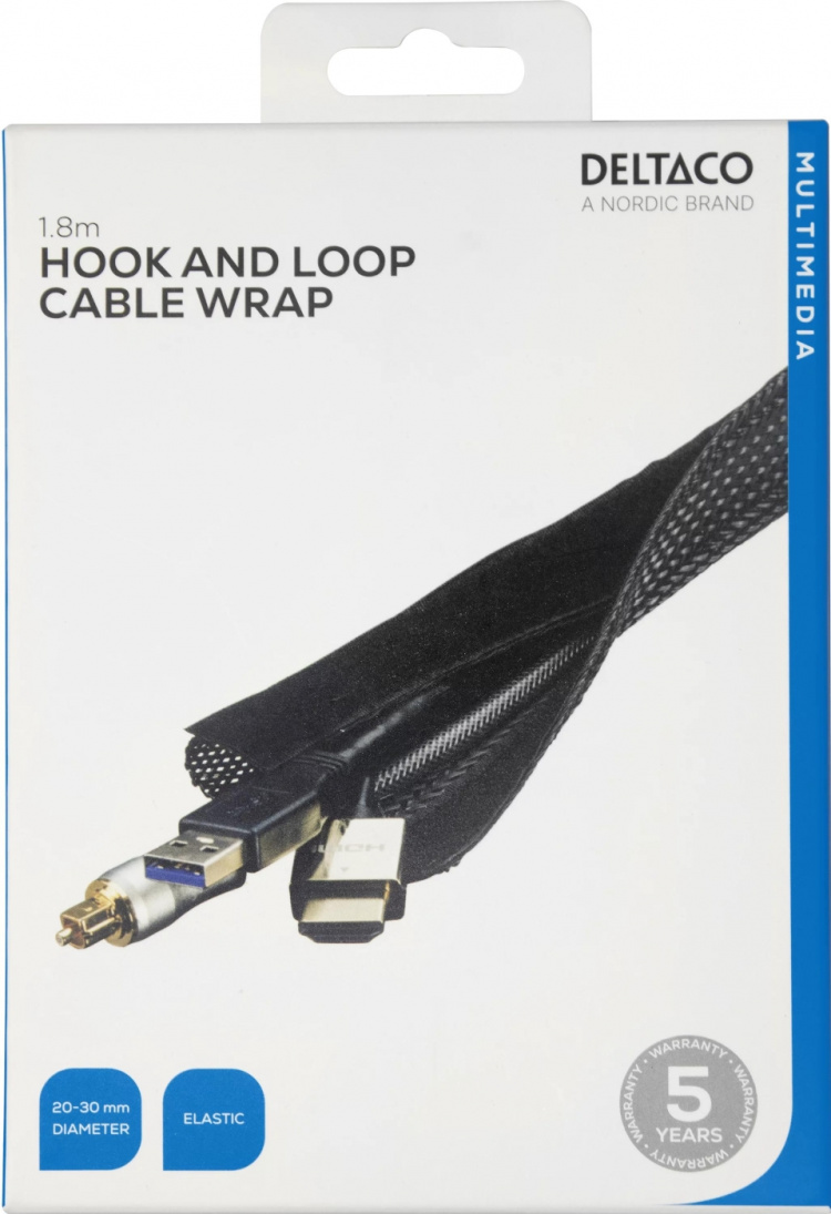 DELTACO Kaapelisukka nylonista, tarranauha, 1,8m, musta