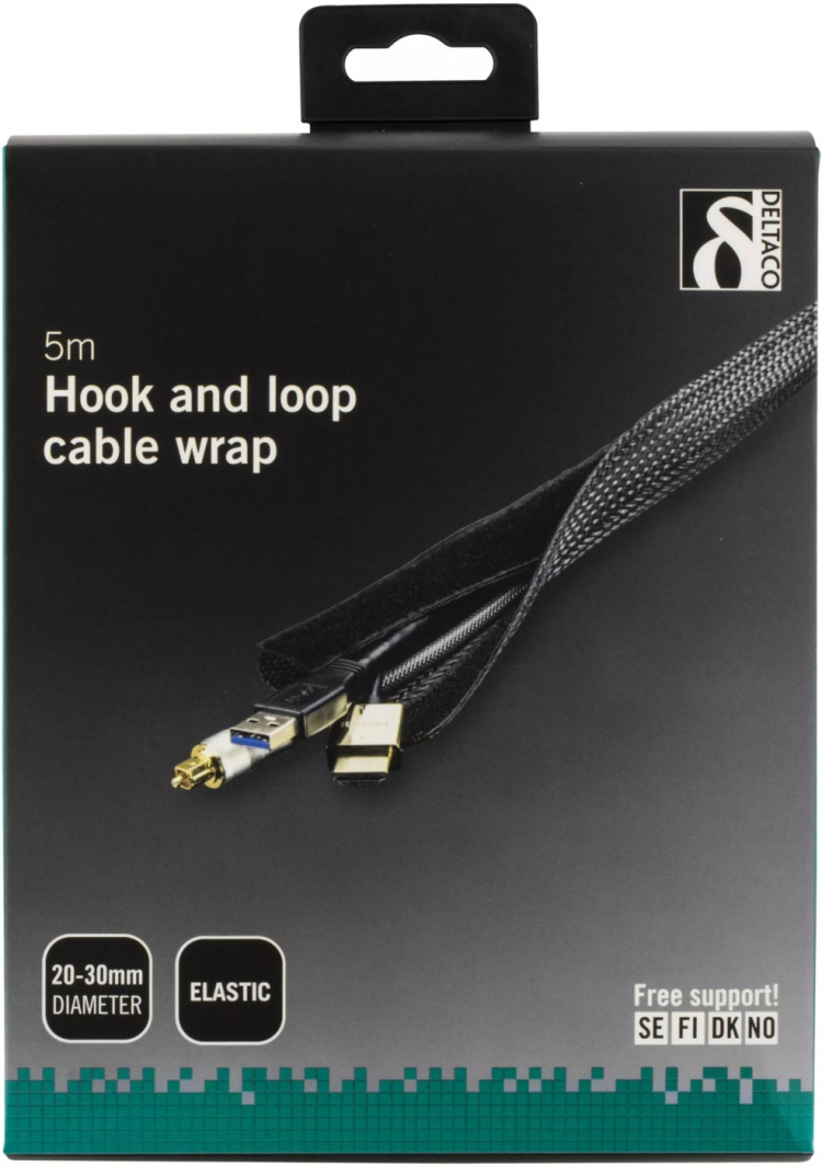 DELTACO Kaapelisukka nylonista, tarranauha, 5m, musta