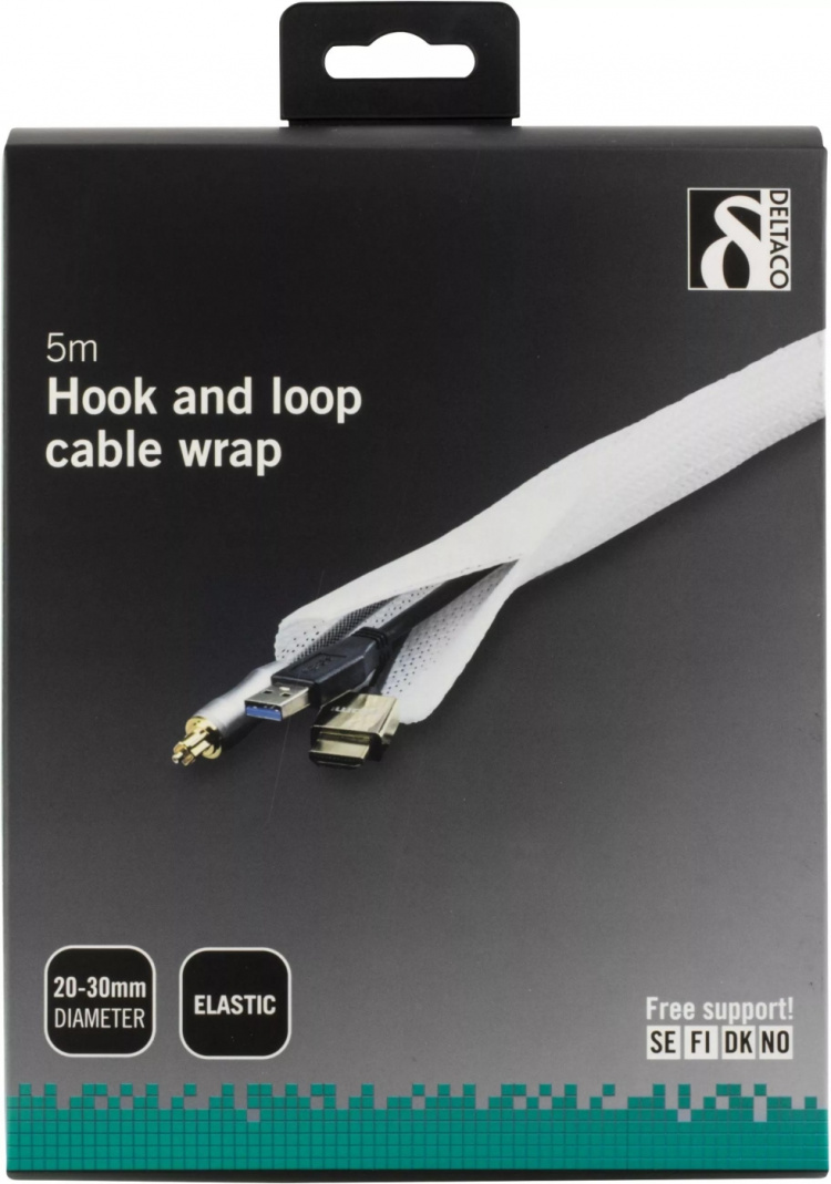 DELTACO Kaapelisukka nylonista, tarranauha, 5m, valkoinen