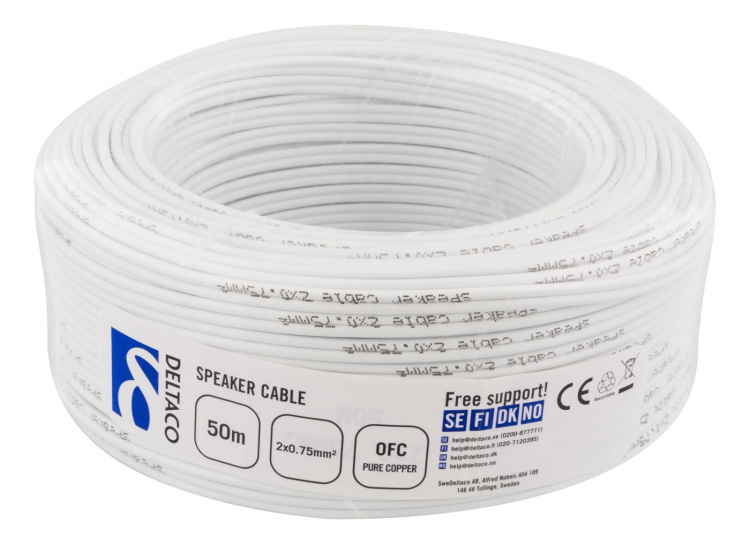 DELTACO Kaiutinkaapeli, 2x0,75mm, kela 50m, valkoinen