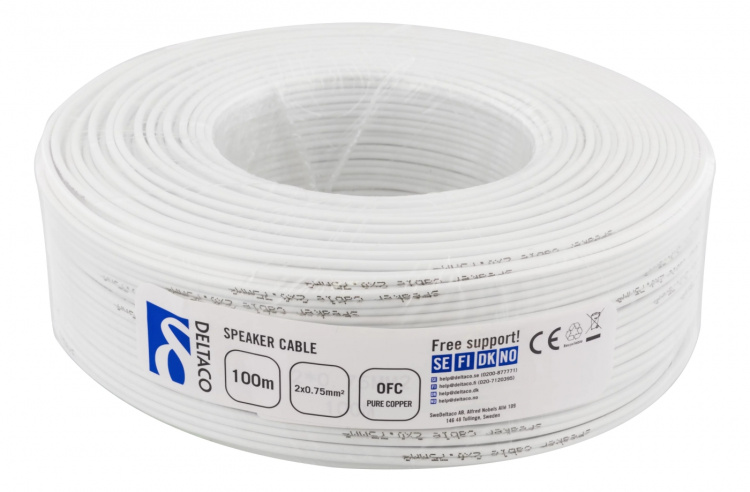 DELTACO Kaiutinkaapeli, 2x0,75mm, valkoinen, kela 100m