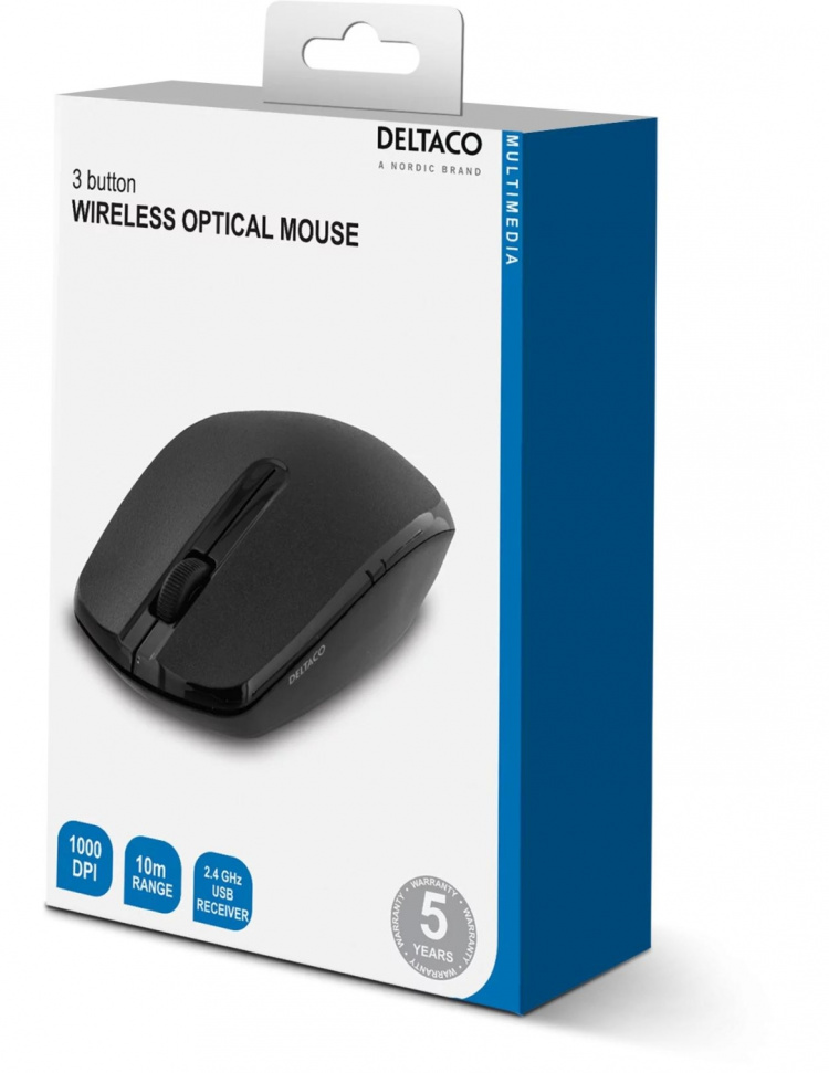 DELTACO langaton opt.hiiri, 3 painiketta ja rulla, 1000 DPI,USB, musta DELTACO langaton opt.hiiri, 3 painiketta ja rulla, 1000 DPI,USB, musta