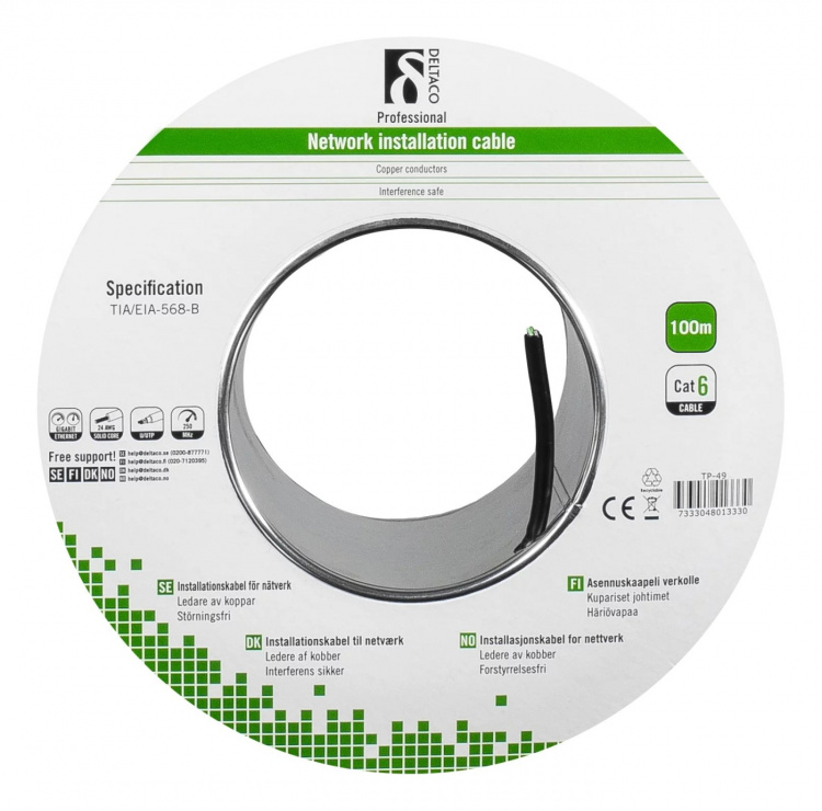 DELTACO U/UTP Cat6 asennuskaapeli ulkokäyttöön, 100m, musta