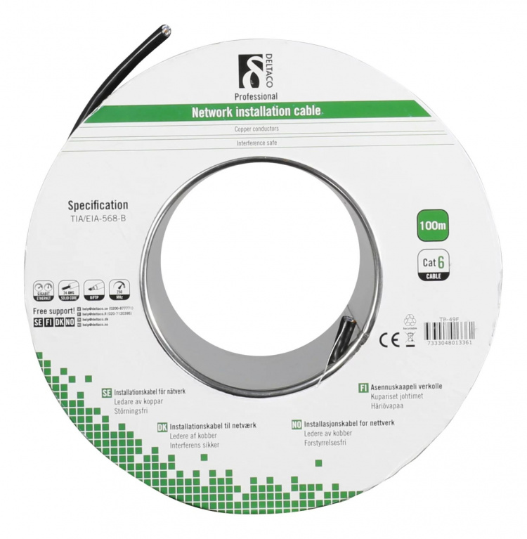 DELTACO F/UTP Cat6 asennuskaapeli ulkokäyttöön, 100m, musta