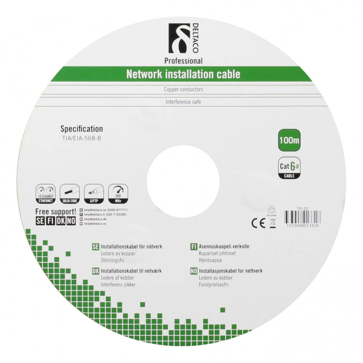 DELTACO S/FTP Cat6a asennuskaapeli ulkokäyttöön, 100m, musta