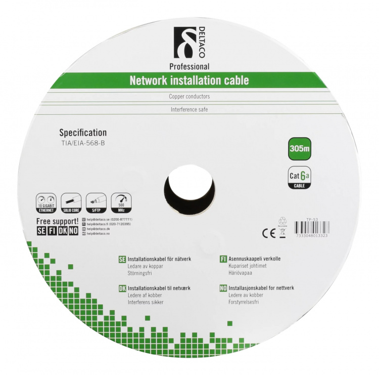 DELTACO S/FTP Cat6a asennuskaapeli ulkokäyttöön, 305m, musta