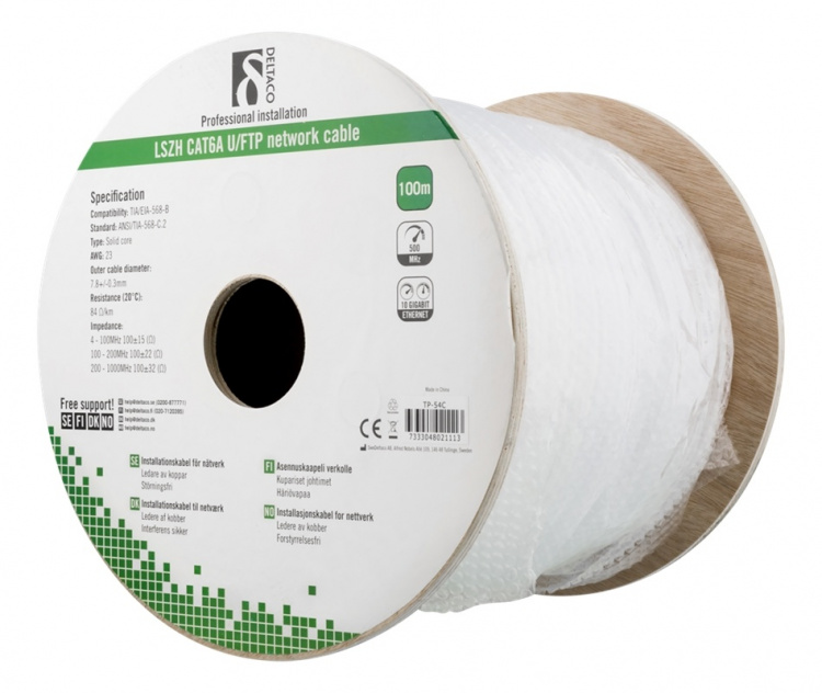 DELTACO U/FTP Cat6a asennuskaapeli, 100m kela, 500MHz, LSZH, valkoinen DELTACO U/FTP Cat6a asennuskaapeli, 100m kela, 500MHz, LSZH, valkoinen
