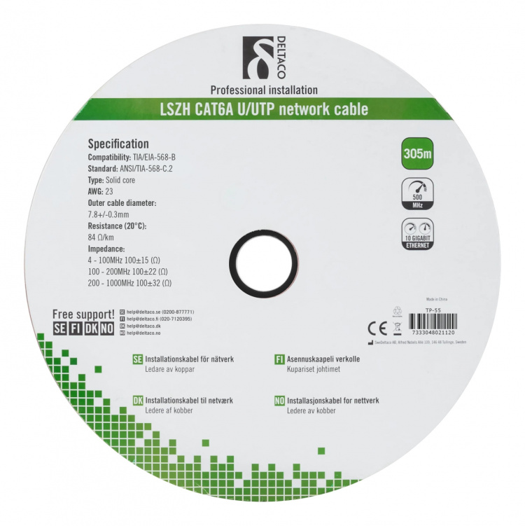 DELTACO U/FTP Cat6a asennuskaapeli, 305m kela, 500MHz, LSZH, harmaa DELTACO U/FTP Cat6a asennuskaapeli, 305m kela, 500MHz, LSZH, harmaa