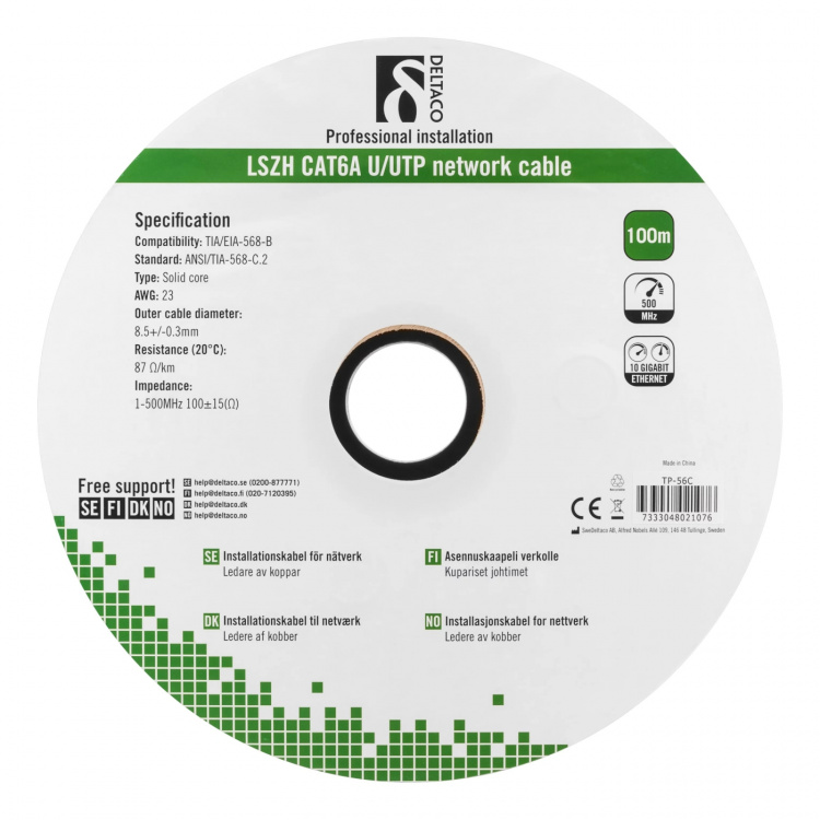 DELTACO U/UTP Cat6a asennuskaapeli, 100m kela, 500MHz, LSZH, valkoinen DELTACO U/UTP Cat6a asennuskaapeli, 100m kela, 500MHz, LSZH, valkoinen