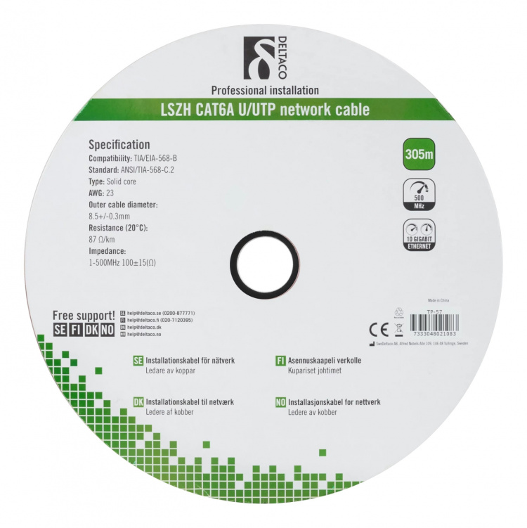 DELTACO U/UTP Cat6a asennuskaapeli, 305m kela, 500MHz, LSZH, harmaa DELTACO U/UTP Cat6a asennuskaapeli, 305m kela, 500MHz, LSZH, harmaa