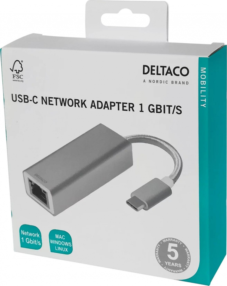 DELTACO PRIME USB-C-verkkosovitin, Gigabit, RJ45, alumiinia, hopea DELTACO PRIME USB-C-verkkosovitin, Gigabit, RJ45, alumiinia, hopea