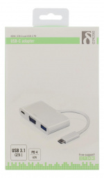 DELTACO sovitin USB-C - VGA ja USB Type A, USB-C naaras, 60W, valk.