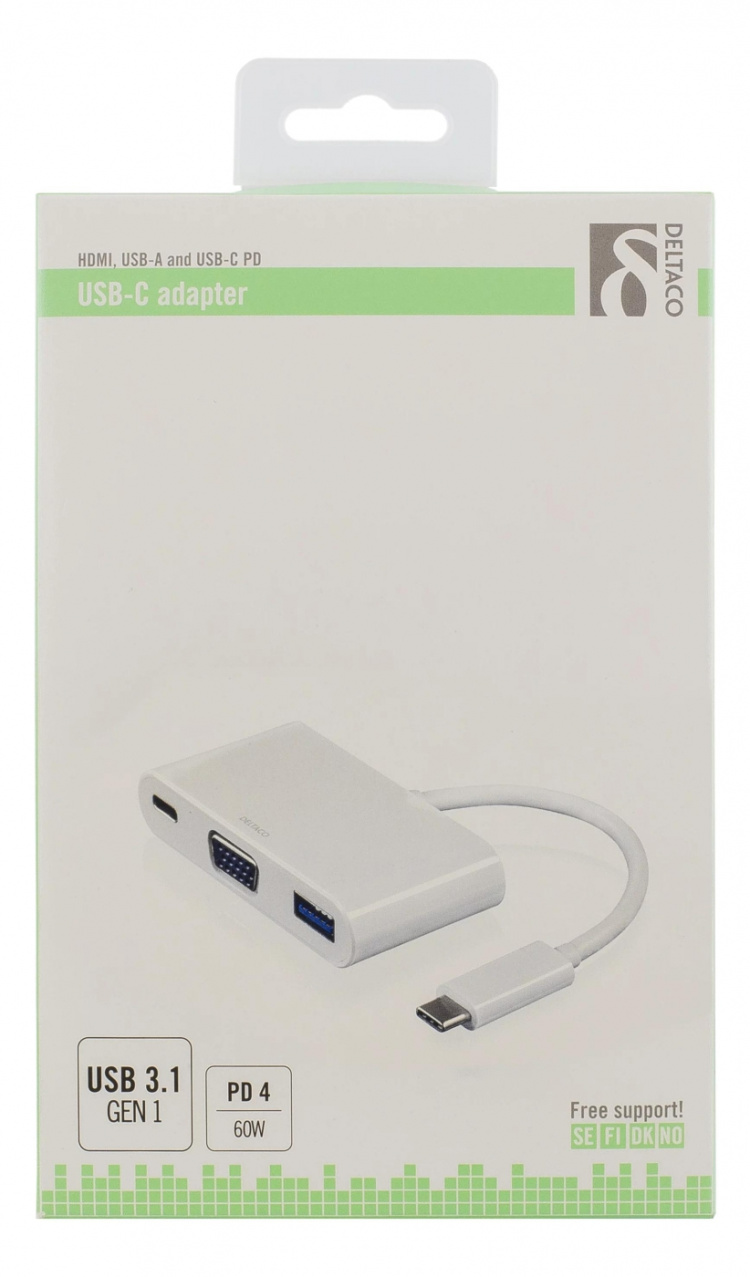 DELTACO sovitin USB-C - VGA ja USB Type A, USB-C naaras, 60W, valk.