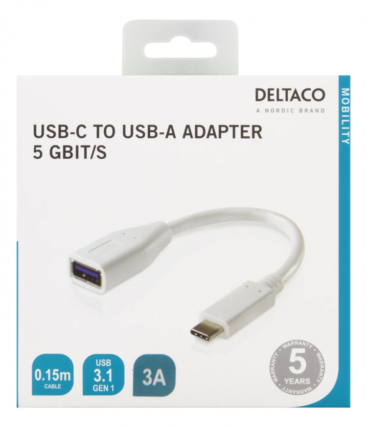 DELTACO USB-adapteri, USB 3.1 typ C uros - typ A naaras, Gen 1, valk.
