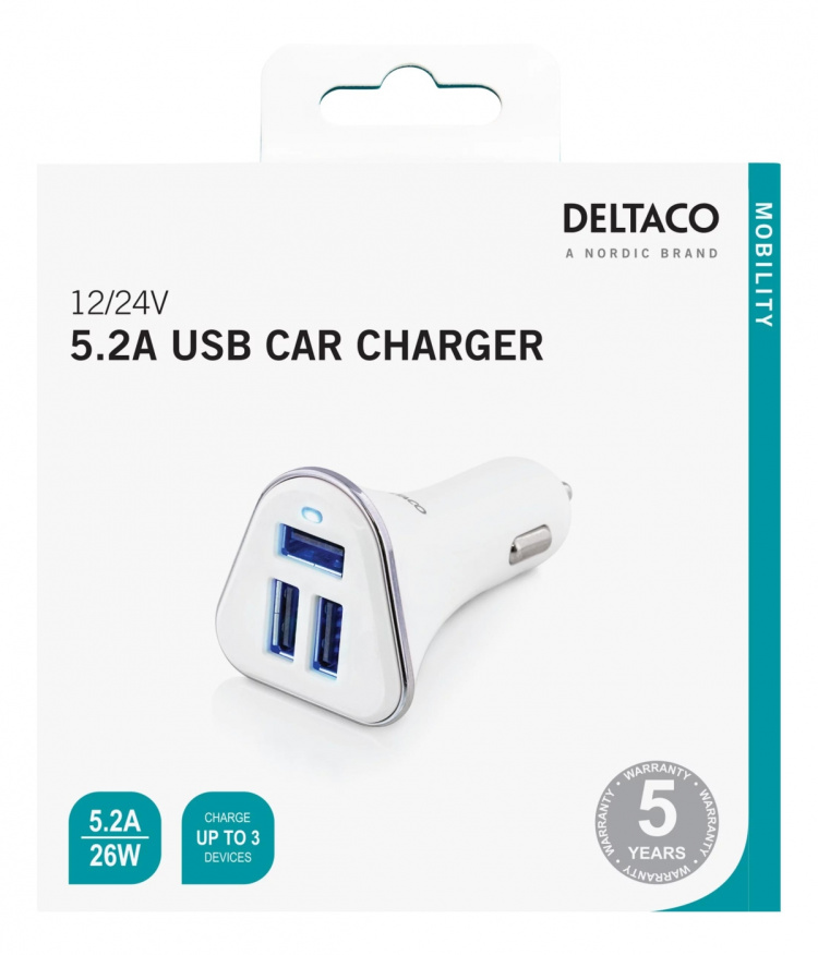 DELTACO autolaturi, 5,2A, 3xUSB Type A, 12-24V DC-sis.tulo, valk./hop.