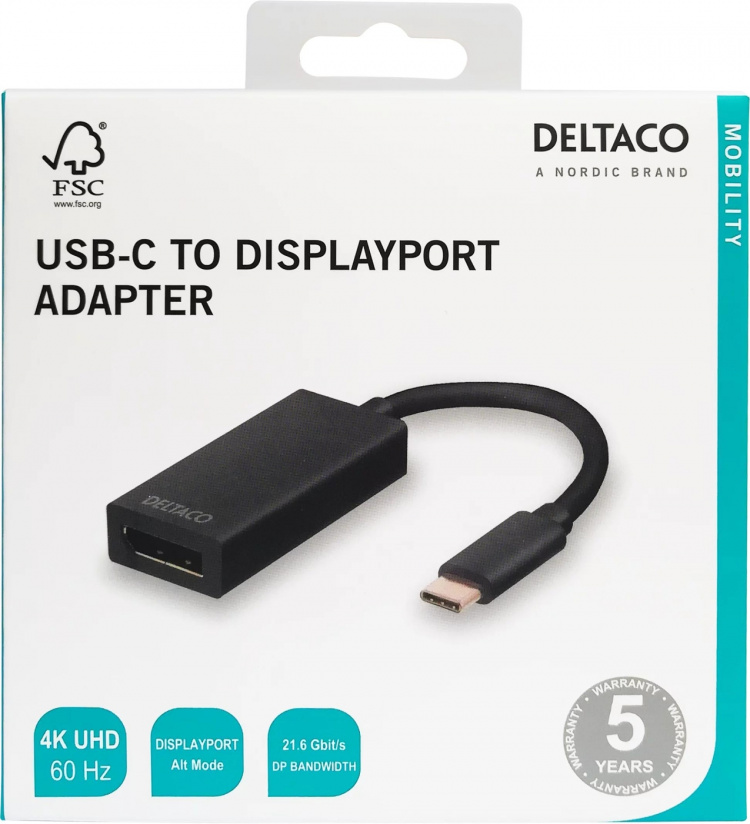 DELTACO sovitin USB 3.1 - DisplayPort, USB Type C - DP naaras, musta