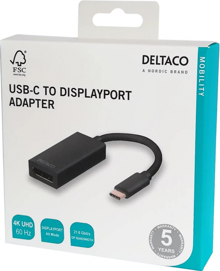 DELTACO sovitin USB 3.1 - DisplayPort, USB Type C - DP naaras, musta