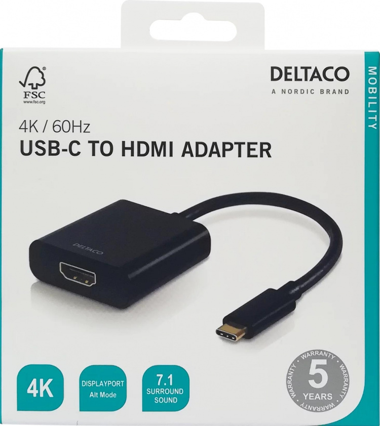 DELTACO USB-C - HDMI-sovitin, USB-C uros - HDMI naaras, musta
