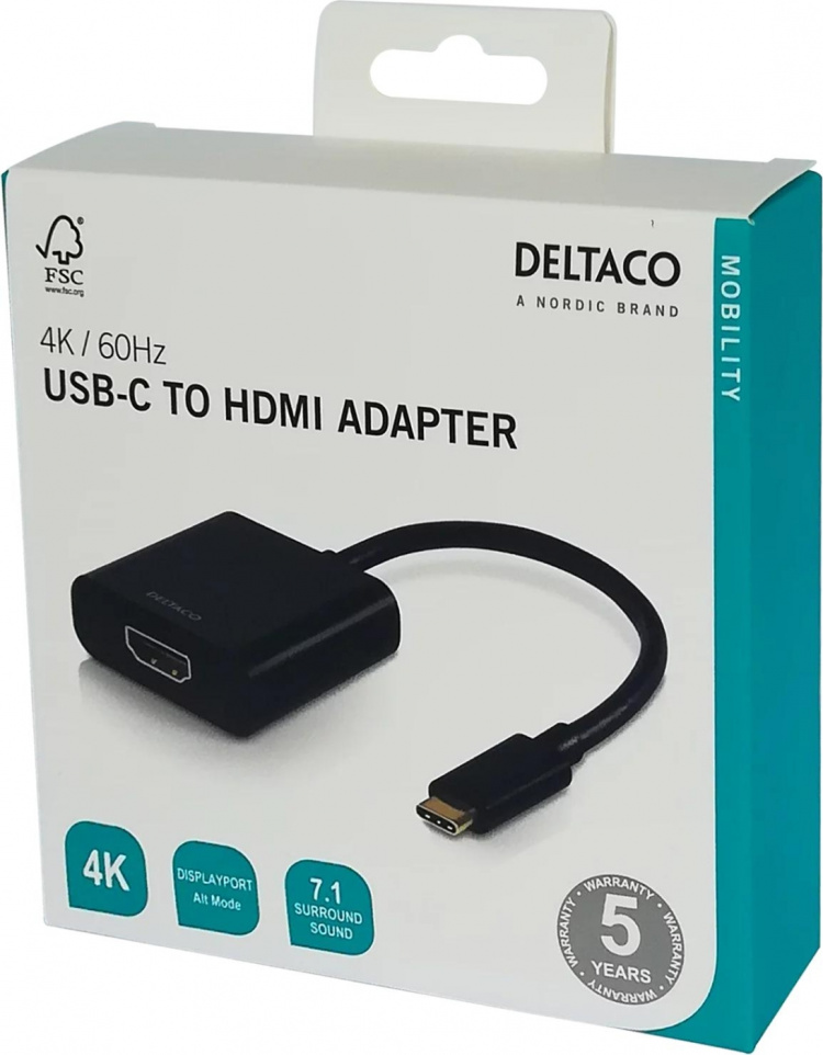 DELTACO USB-C - HDMI-sovitin, USB-C uros - HDMI naaras, musta