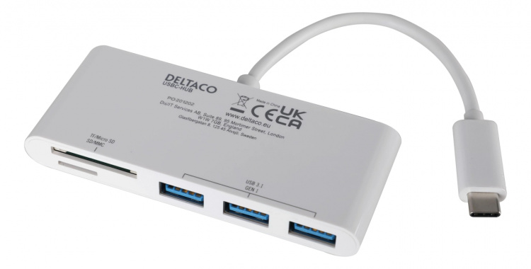 DELTACO USB 3.1 Gen 1 -hubi, USB-C, 3USB A, SD/microSD-lukija, valk. DELTACO USB 3.1 Gen 1 -hubi, USB-C, 3USB A, SD/microSD-lukija, valk.