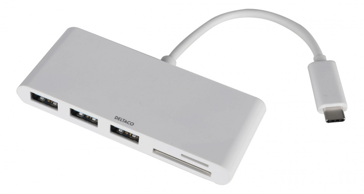 DELTACO USB 3.1 Gen 1 -hubi, USB-C, 3USB A, SD/microSD-lukija, valk. DELTACO USB 3.1 Gen 1 -hubi, USB-C, 3USB A, SD/microSD-lukija, valk.