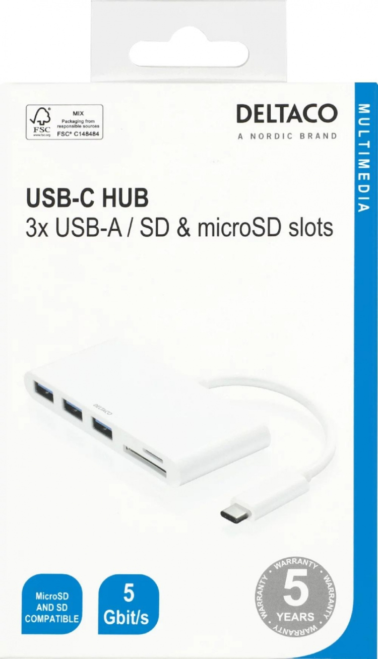 DELTACO USB 3.1 Gen 1 -hubi, USB-C, 3USB A, SD/microSD-lukija, valk. DELTACO USB 3.1 Gen 1 -hubi, USB-C, 3USB A, SD/microSD-lukija, valk.