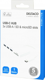 DELTACO USB 3.1 Gen 1 -hubi, USB-C, 3USB A, SD/microSD-lukija, valk. DELTACO USB 3.1 Gen 1 -hubi, USB-C, 3USB A, SD/microSD-lukija, valk.