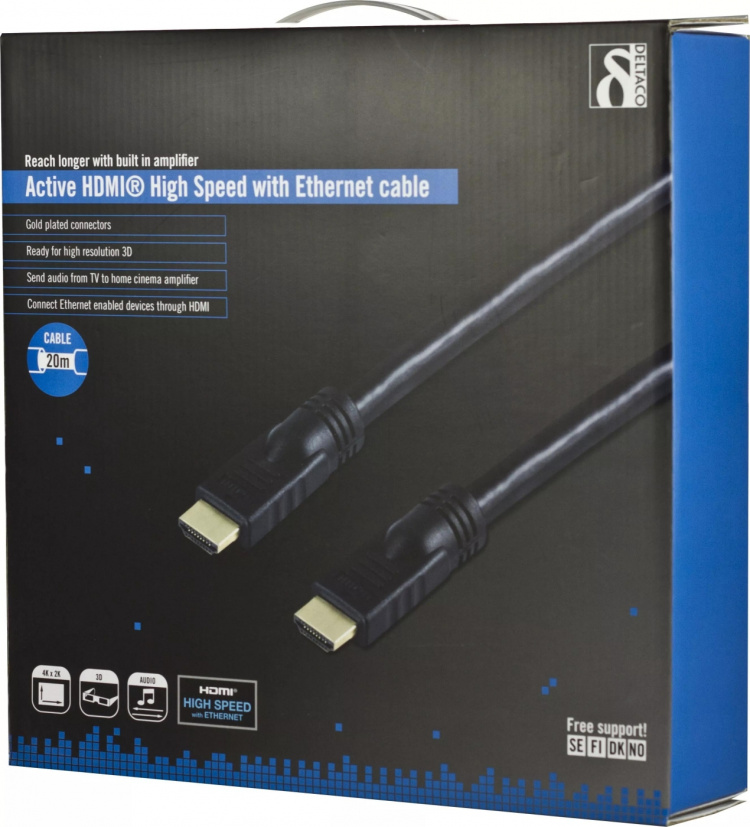 DELTACO aktiiv. HDMI-kaapeli, HDMI High Speed with Ethernet, 20m,musta DELTACO aktiiv. HDMI-kaapeli, HDMI High Speed with Ethernet, 20m,musta