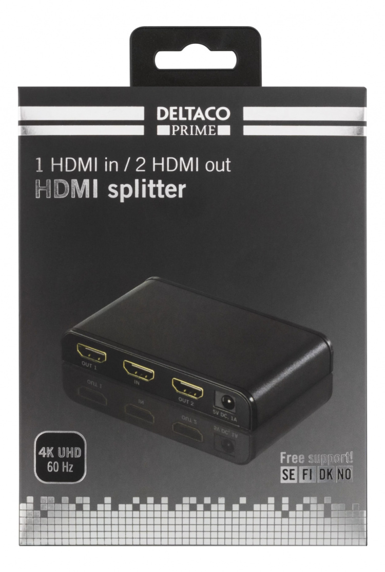 DELTACO PRIME HDMI-jakaja, 1 sisään ja 2 ulos, HDMI 2.0, 4K, UHD,musta