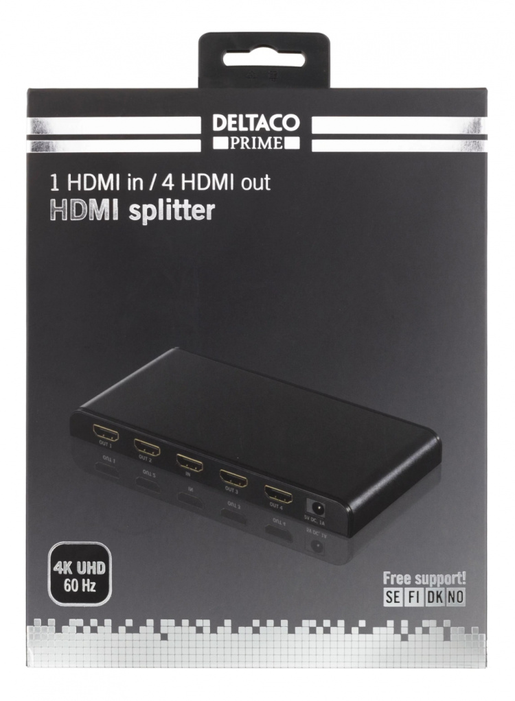 DELTACO PRIME HDMI-jakaja, 1 sisään ja 4 ulos, 4K, HDCP, 3D, musta