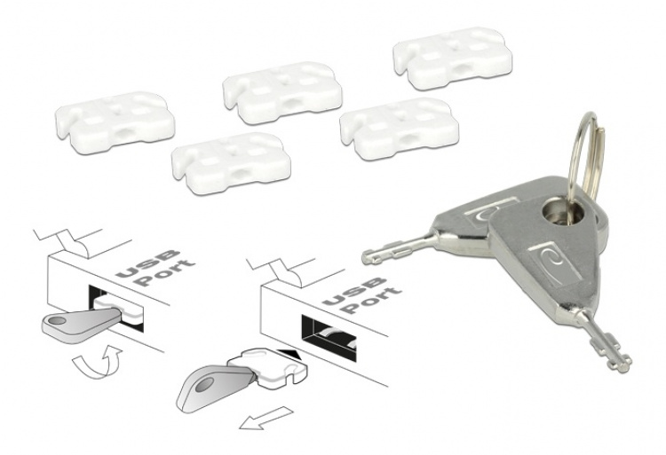 DeLOCK USB Port Blocker, 5 USB lukkoa, 2 avainta, valkoinen