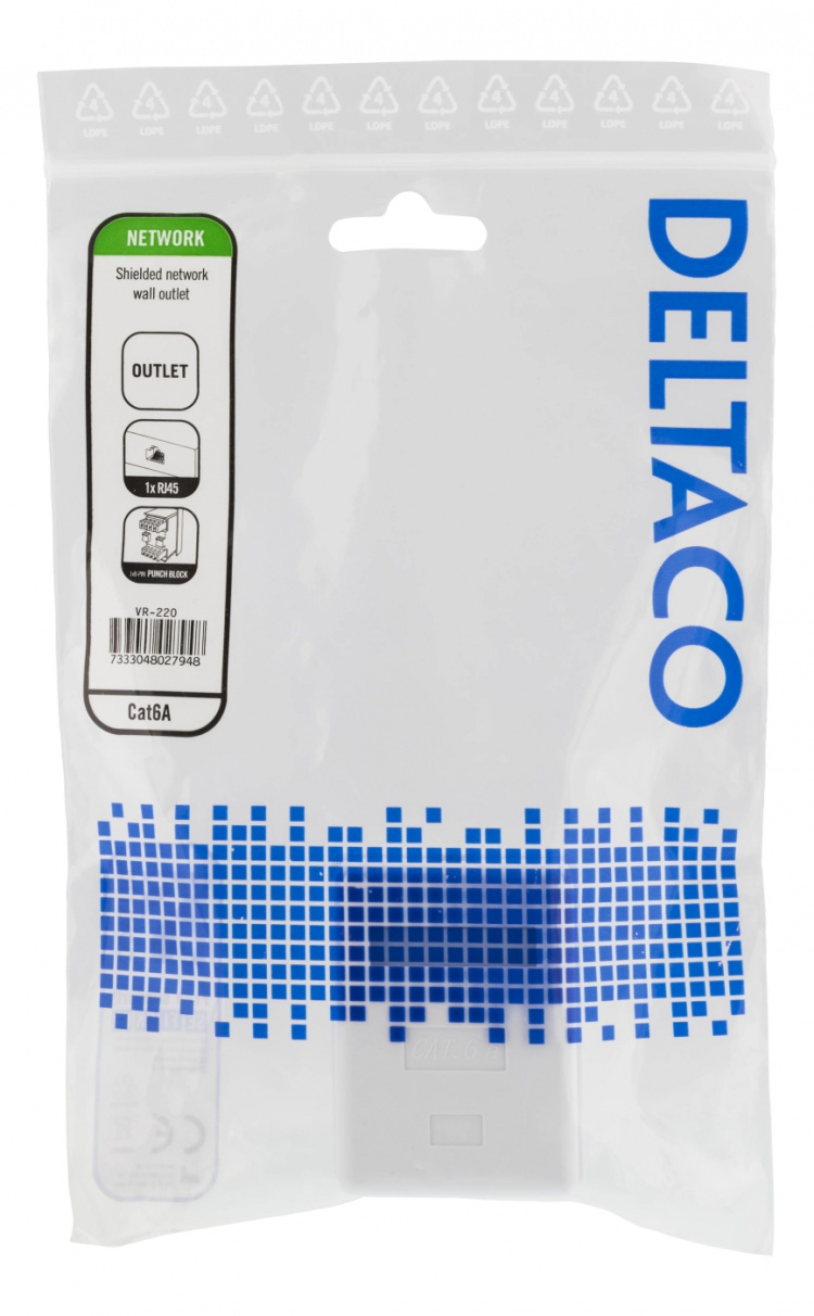 DELTACO suojattu datarasia pinta-asennukseen, FTP, 1xRJ45, Cat6a, valk